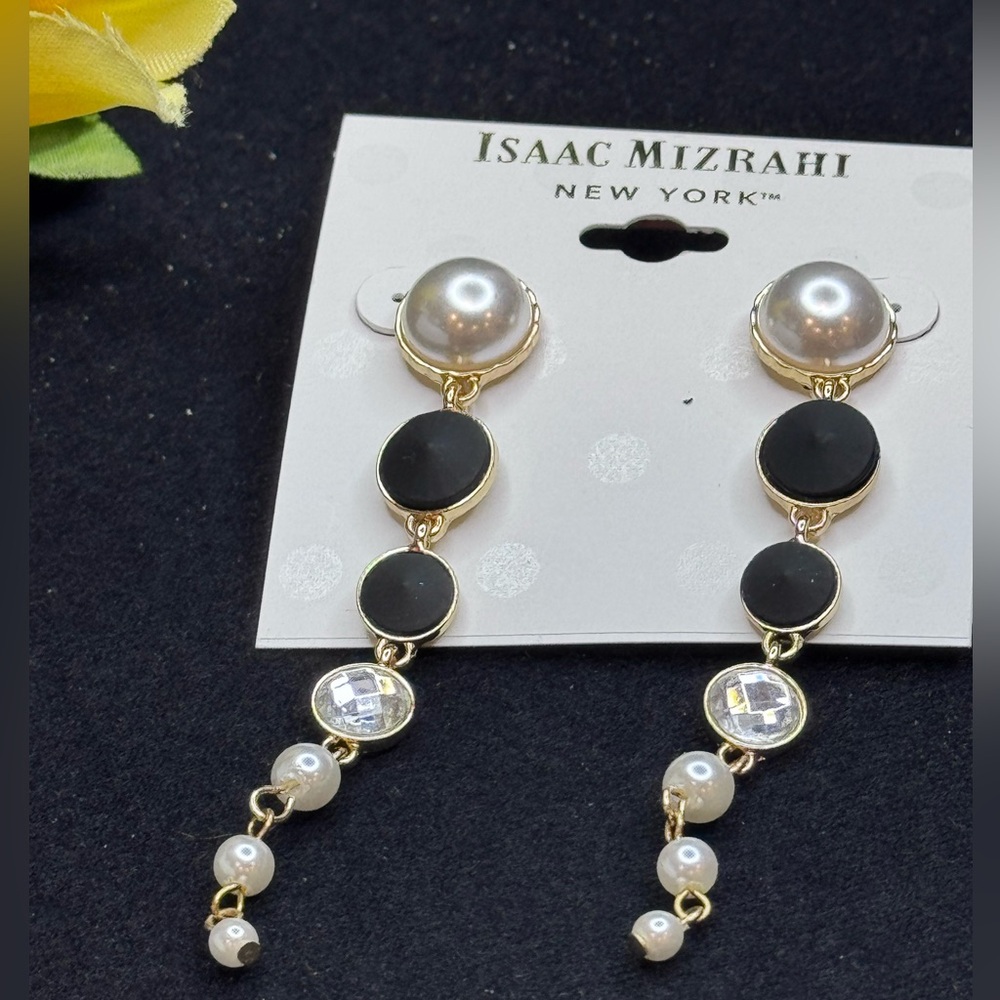 Isaac Mizrahi Stunning Pearl & Matte Black Crystal Drop Earrings 3.5 inch approx
